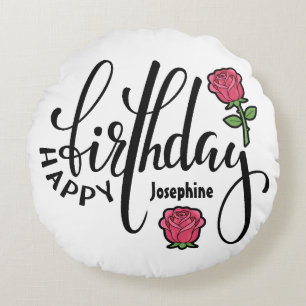 Personalized Birthday Pink Rose Round Pillow