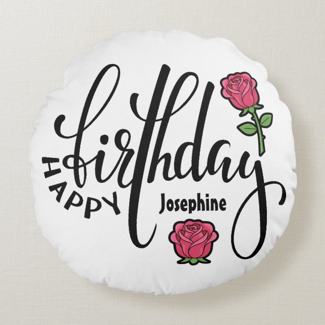 Personalized Birthday Pink Rose  Round Pillow (Front)