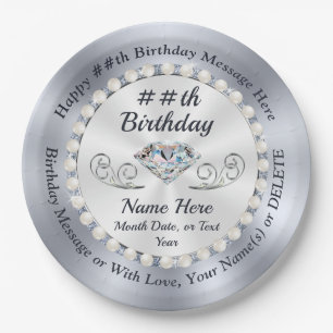 Personalized Birthday Plates, Diamonds and Pearls Paper Plates