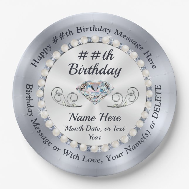 Personalized Birthday Plates, Diamonds and Pearls Paper Plates (Front)