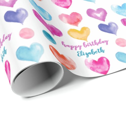 Personalized Birthday Pretty Watercolor Hearts Wrapping Paper