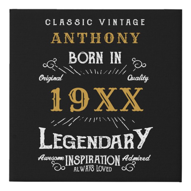Personalized Birthday Retro Vintage Monogram Faux Canvas Print (Front)