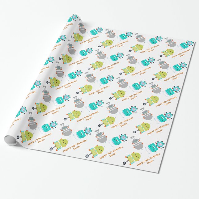 Personalized Birthday Robot Wrapping Paper (Unrolled)