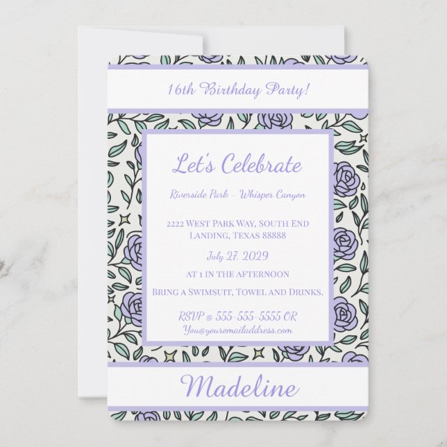Personalized Birthday Rose Girl Sweet Invitation (Front)