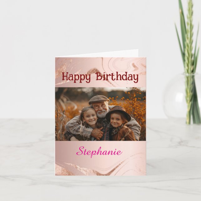Personalized Birthday rose gold marble photo Card (Front)