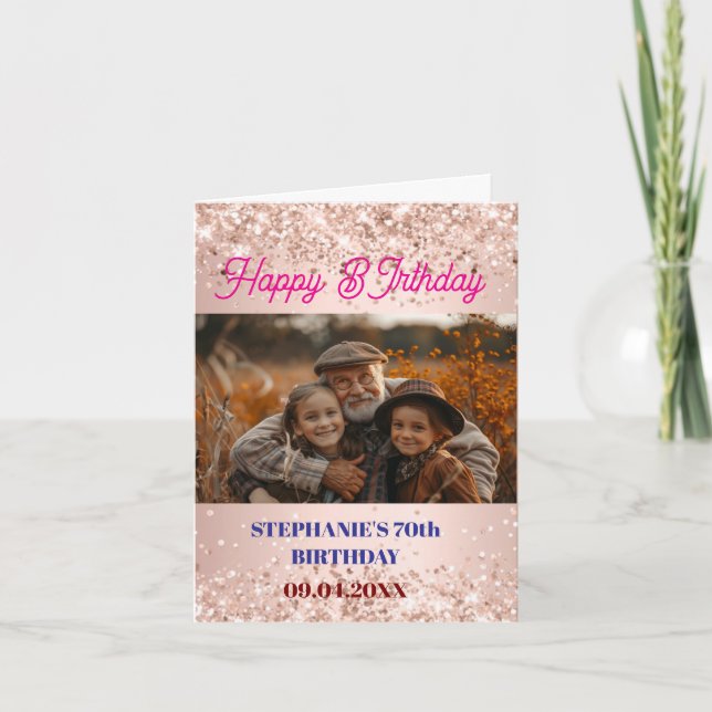 Personalized Birthday rose gold photo Card (Front)