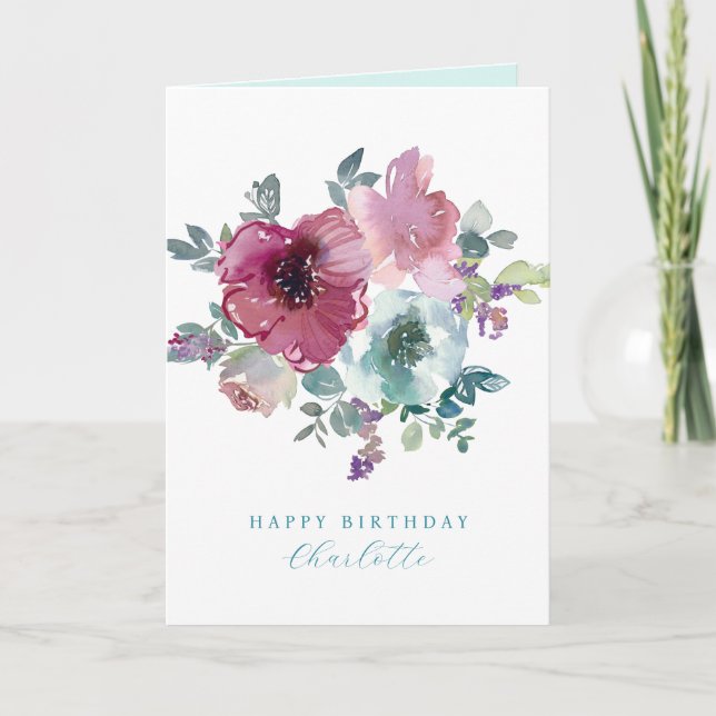 Personalized Birthday Teal & Plum Roses Bouquet   Card (Front)