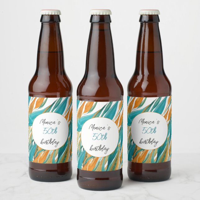 Personalized Birthday Turquoise Orange Watercolor Beer Bottle Label (Bottles)