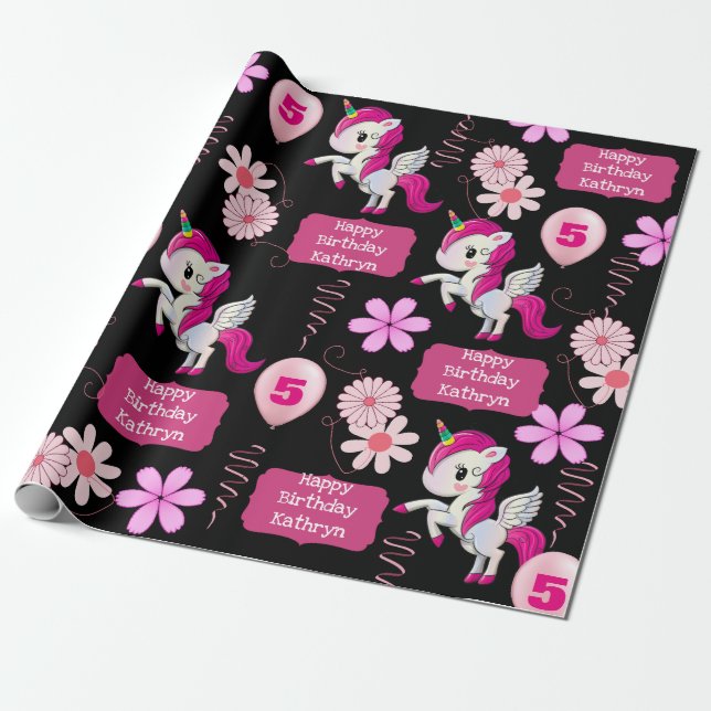Personalized Birthday Unicorns Wrapping Paper (Unrolled)