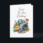 Personalized Birthday | Vintage Camera Card<br><div class="desc">Smile,  it's your birthday! Cute vintage camera pun personalized birthday card. Pretty watercolor retro camera encased in flowers ai art.</div>