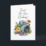 Personalized Birthday | Vintage Camera Card<br><div class="desc">Smile,  it's your birthday! Cute vintage camera pun personalized birthday card. Pretty watercolor retro camera encased in flowers ai art.</div>
