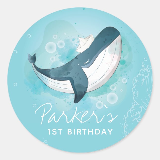 Personalized Birthday Whale Classic Round Sticker (Front)