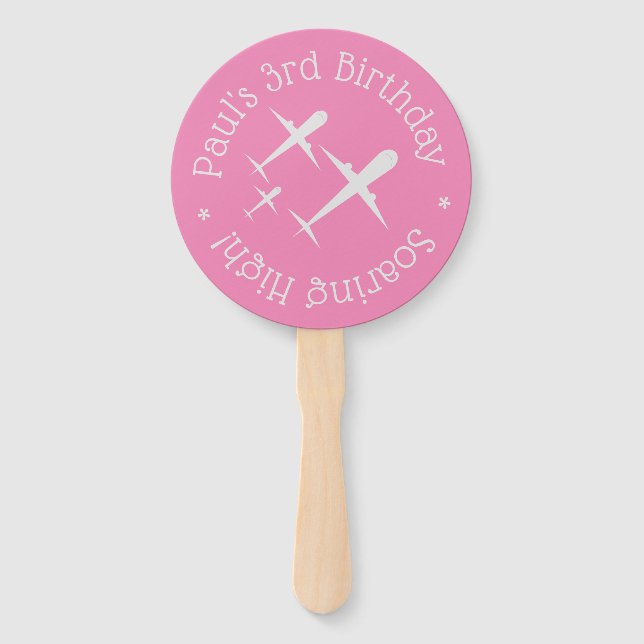 Personalized Birthday Wish Airplanes Elegant Pink Hand Fan (Front)