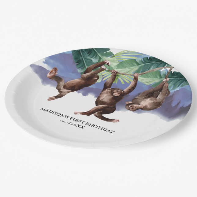 Personalized Birthday Woodland Forest Monkey Paper Plates (Angled)
