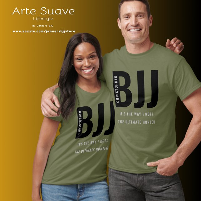 Personalized BJJ Brazilian Jiu Jitsu T-Shirt (BJJ personalized green t-shirt modelled by male and female couple.)
