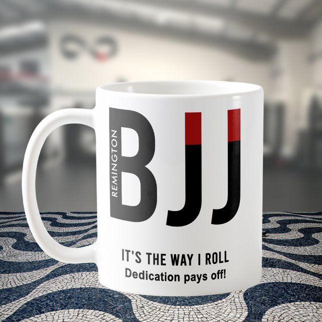 Personalized BJJ Jiu Jitsu Black Belt Edition Coffee Mug (Personalized BJJ white coffee with jiu jitsu gym in background)