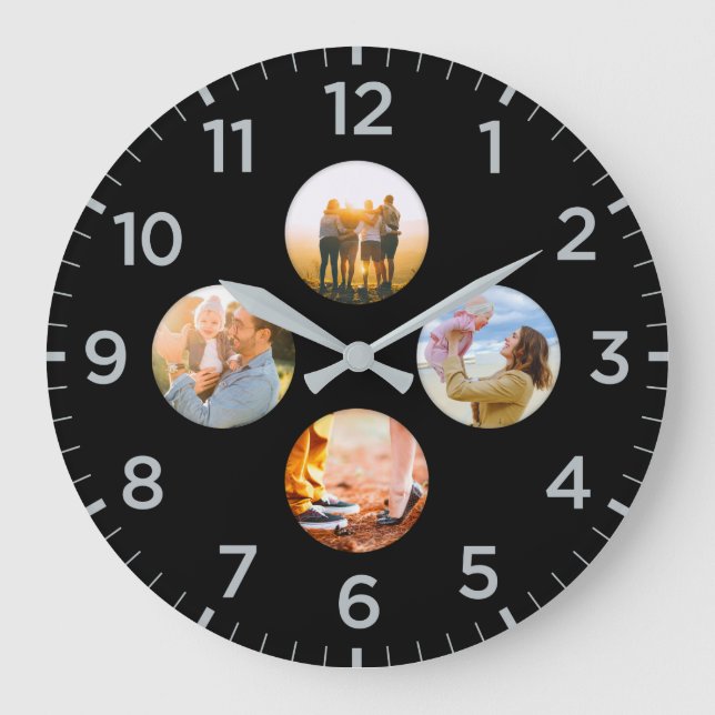 Personalized Black 4 Circle Photo Shadow Inlay Large Clock (Front)