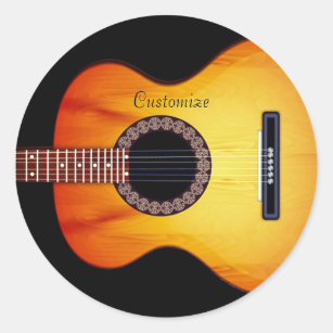 Personalized Black Acoustic Guitar Classic Round Sticker