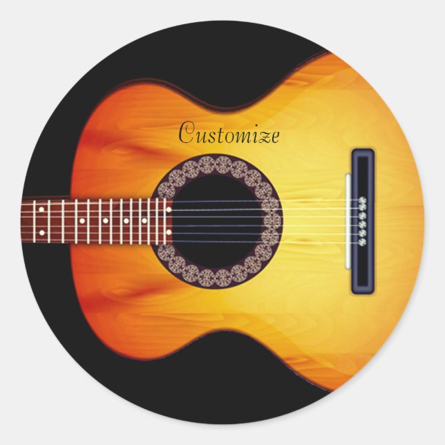 Personalized Black Acoustic Guitar Classic Round Sticker (Front)