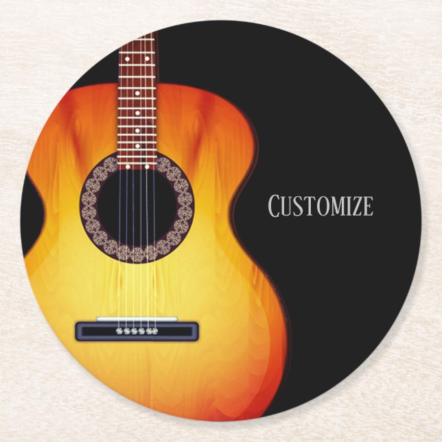 Personalized Black Acoustic Guitar Round Paper Coaster (Front)