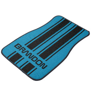 Personalized Black And Aqua Blue Racing Stripe Car Floor Mat