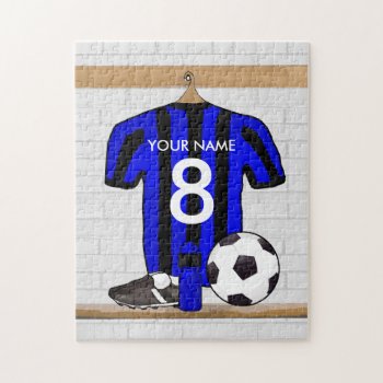 Personalized Black And Blue Football Soccer Jersey Jigsaw Puzzle by giftsbonanza at Zazzle