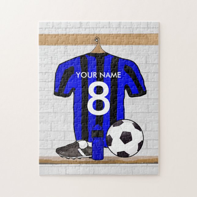 Personalized Black and Blue Football Soccer Jersey Jigsaw Puzzle (Vertical)