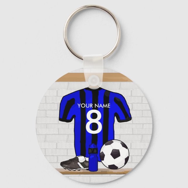 Personalized Black and Blue Football Soccer Jersey Keychain (Front)