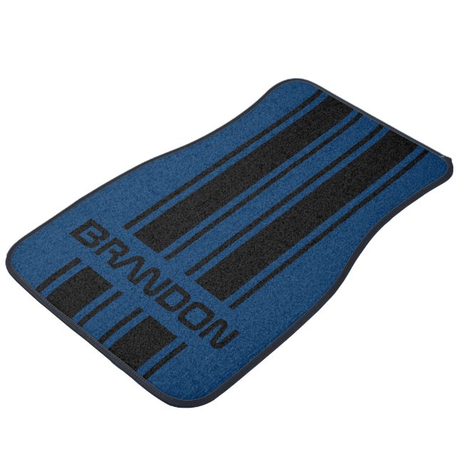 Personalized Black And Blue Racing Stripe Car Floor Mat (Angled)
