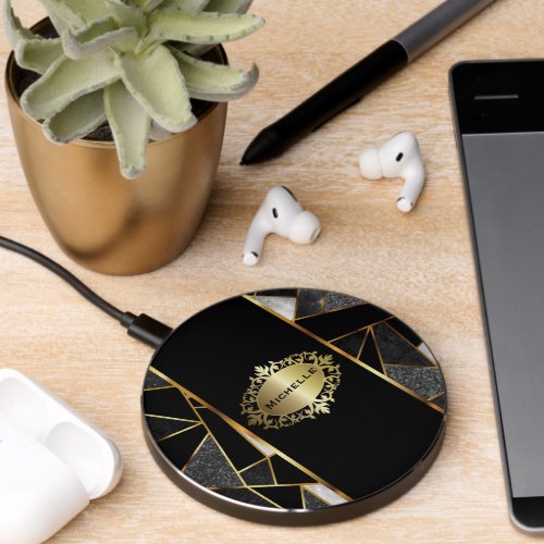 Personalized Black and Gold Abstract Design Wireless Charger