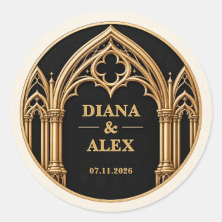 Personalized Black and Gold Cathedral Wedding Classic Round Sticker
