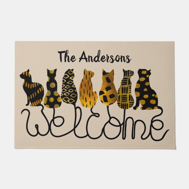Personalized Black and Gold Cats Welcome Mat (Front)