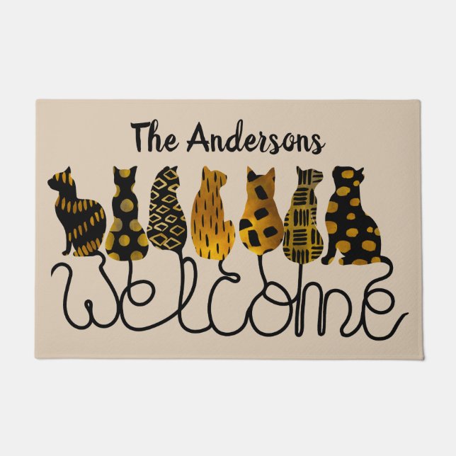 Personalized Black and Gold Cats Welcome Mat (Front)