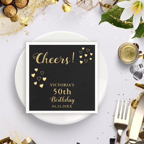 Personalized Black and Gold Cheers 50th Birthday Napkins