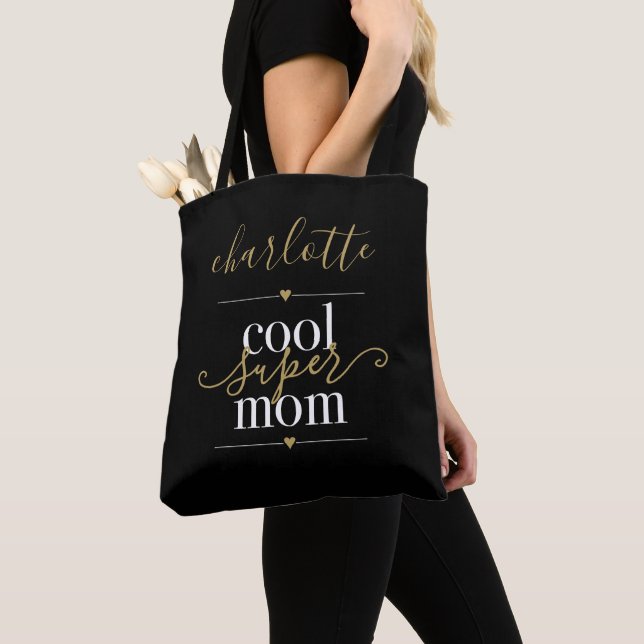 Personalized Black And Gold Cool Super Mom Tote Bag (Close Up)