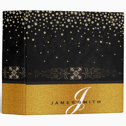 Personalized Black and Gold Faux Confetti Glitter 3 Ring Binder