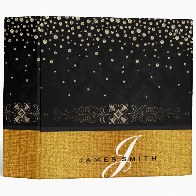 Personalized Black and Gold Faux Confetti Glitter 3 Ring Binder (Front/Spine)