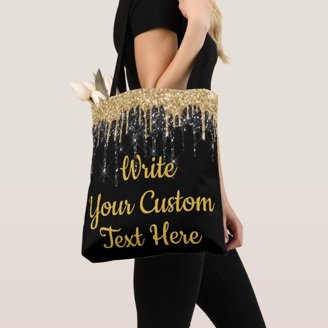 Personalized Black and Gold Glitter Birthday Gift Tote Bag (Close Up)