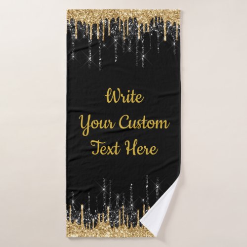 Personalized Black and Gold Glitter Drip Custom Bath Towel