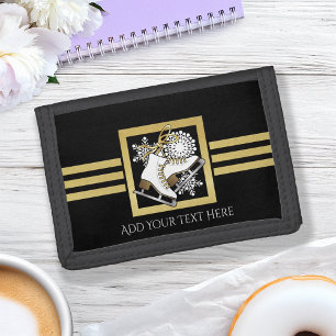 Personalized Black and Gold Glitter Ice Skating Tri-fold Wallet