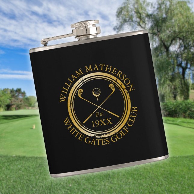 Personalized Black And Gold Golf Club Name Flask (Personalized Black And Gold Golf Club Name Flask)