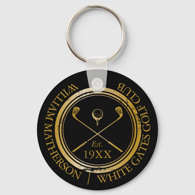 Personalized Black And Gold Golf Club Name Keychain (Front)
