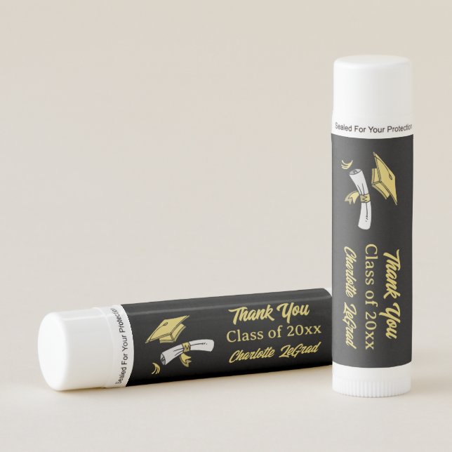 Personalized Black and Gold Graduation Party Favor Lip Balm (Front)