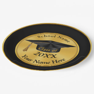 Black Gold Cap and Gown 8 Ct Dessert Plates  7" Graduation Diploma