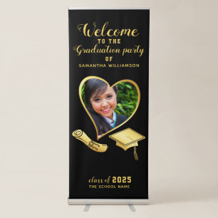 Personalized Black and Gold Graduation Welcome Retractable Banner