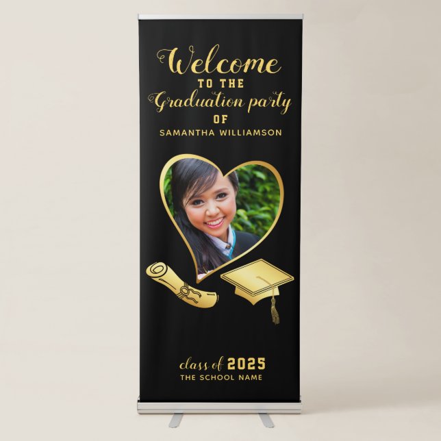 Personalized Black and Gold Graduation Welcome Retractable Banner (Front)