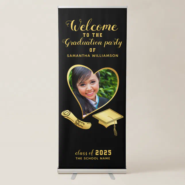 Personalized Black and Gold Graduation Welcome Retractable Banner | Zazzle
