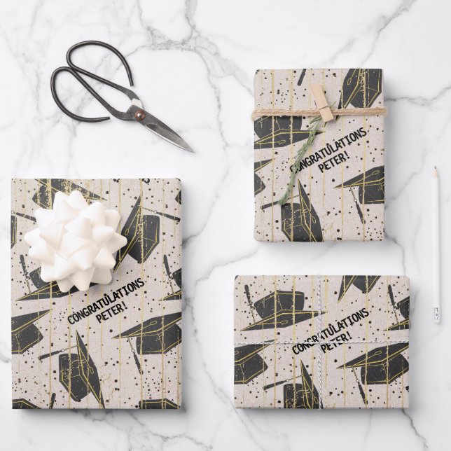 Personalized Black and Gold Graduation Wrapping Paper Sheets (Front)