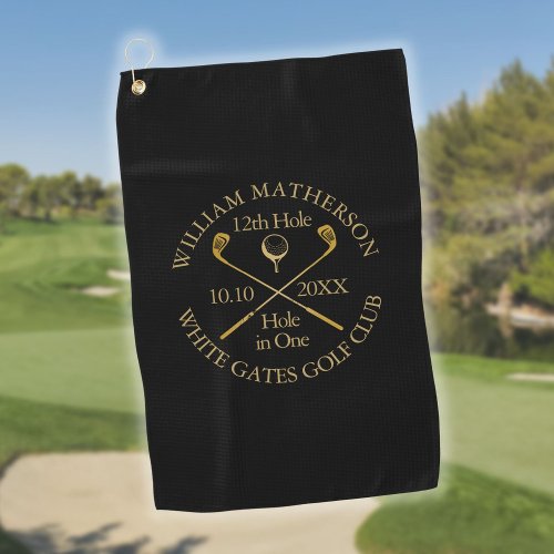 Personalized Black And Gold Hole in One Golf Towel