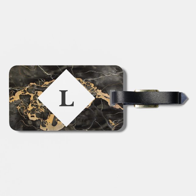 Personalized Black and Gold Marble luggage tag (Back Horizontal)